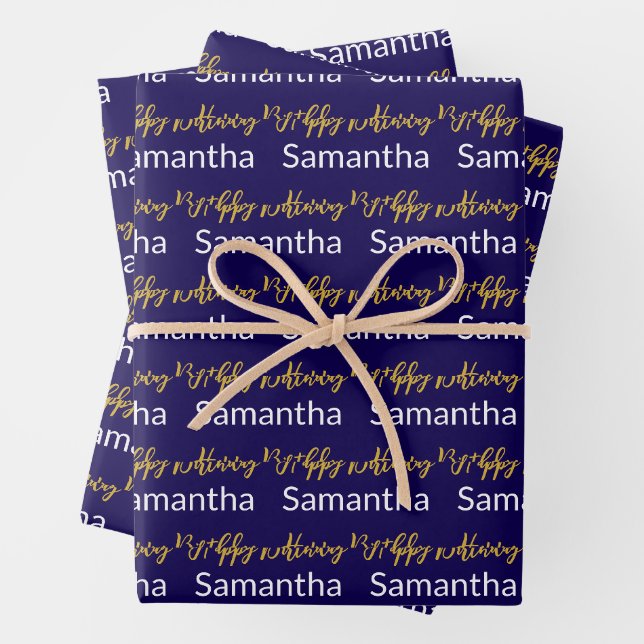 Happy Birthday Gold Script Dark Blue White Name Geschenkpapier Set (Beispiel)
