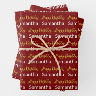 Happy Birthday Gold Script dunkelrot und weiß Name Geschenkpapier Set