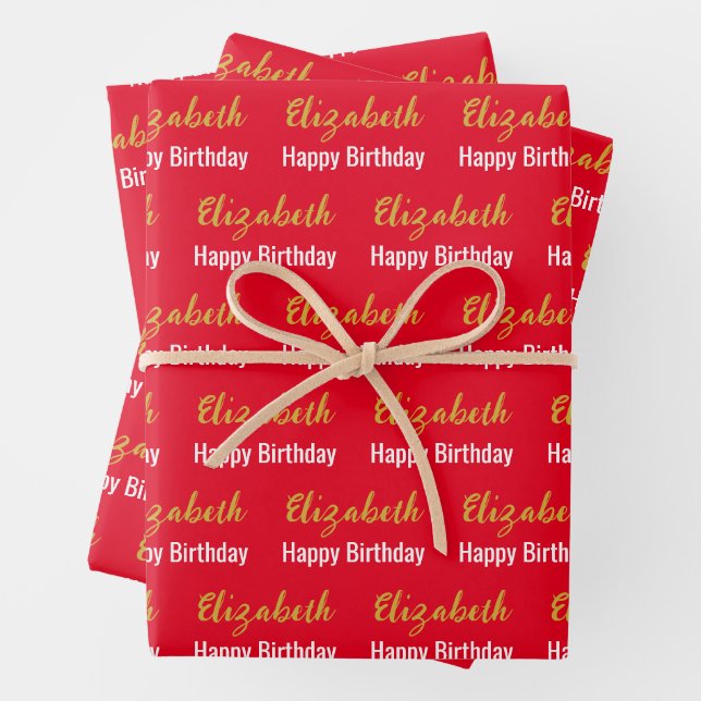 Happy Birthday Gold Script Name Bright Red & White Geschenkpapier Set (Beispiel)