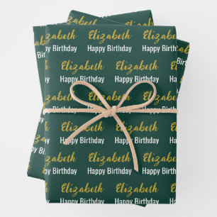 Happy Birthday Gold Script Name Deep Green Geschenkpapier Set