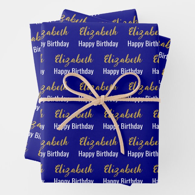 Happy Birthday Gold Script Name Navy Blue & White Geschenkpapier Set (Beispiel)