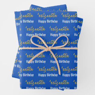 Happy Birthday Gold Script Name Sapphire Blue Geschenkpapier Set