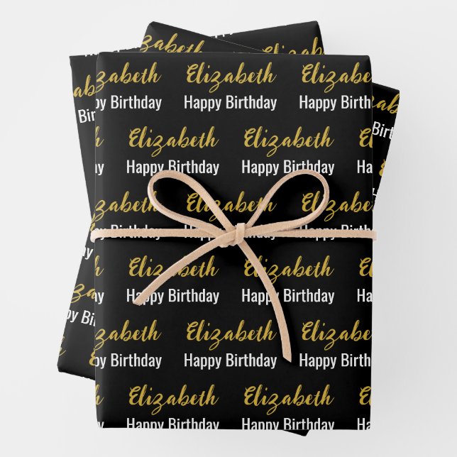 Happy Birthday Gold Script Name Schwarz und Weiß Geschenkpapier Set (Beispiel)
