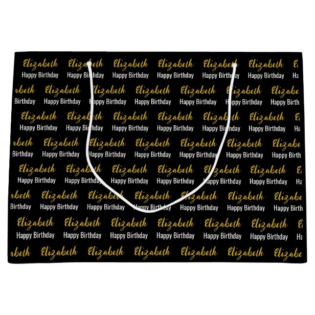 Happy Birthday Gold Script Name Schwarz und Weiß Große Geschenktüte (Vorderseite)