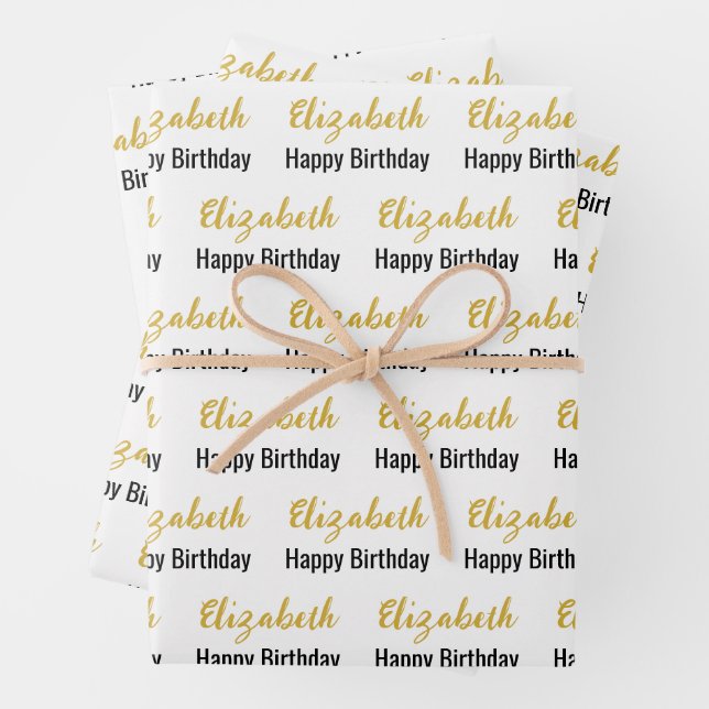 Happy Birthday Gold Script Name Weiß und Schwarz Geschenkpapier Set (Beispiel)
