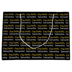 Happy Birthday Gold Script Schwarz und Weiß Name Große Geschenktüte