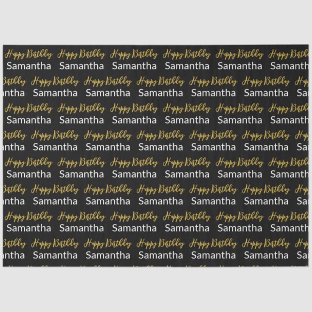 Happy Birthday Gold Script Schwarz und Weiß Name Seidenpapier (Vorderseite)