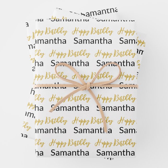 Happy Birthday Gold Script White Black Name Geschenkpapier Set (Beispiel)