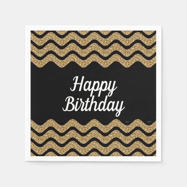 Happy Birthday Gold und Black Streifen Serviette (Vorderseite)