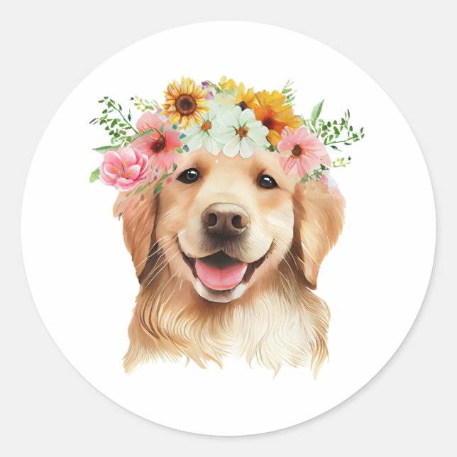 Happy Birthday Golden Retriever Hund mit Blume Runder Aufkleber (Vorderseite)