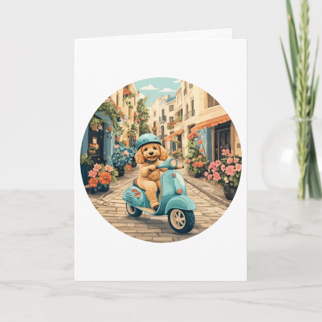 Happy Birthday Goldendoodle Dog Riding Scooter Karte (Vorderseite)