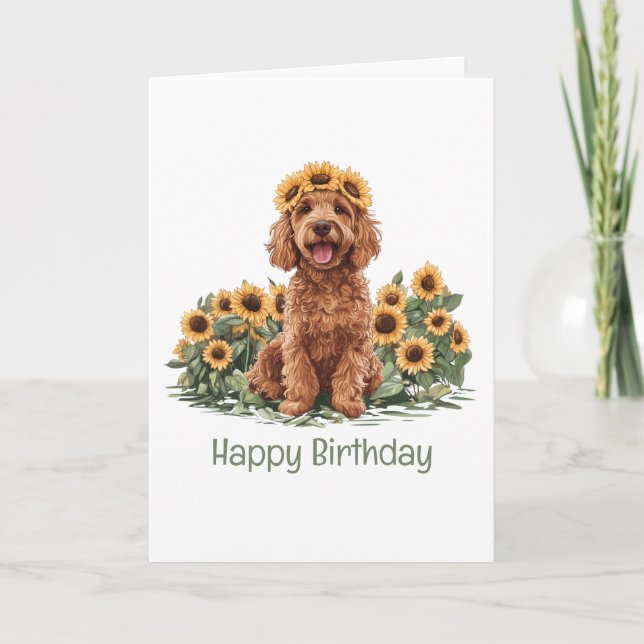 Happy Birthday Goldendoodle Dog Sonnenblumenkrone Karte (Vorderseite)
