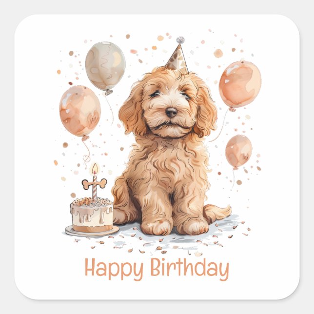 Happy Birthday Goldendoodle Hund Birthday Cake Quadratischer Aufkleber (Vorderseite)