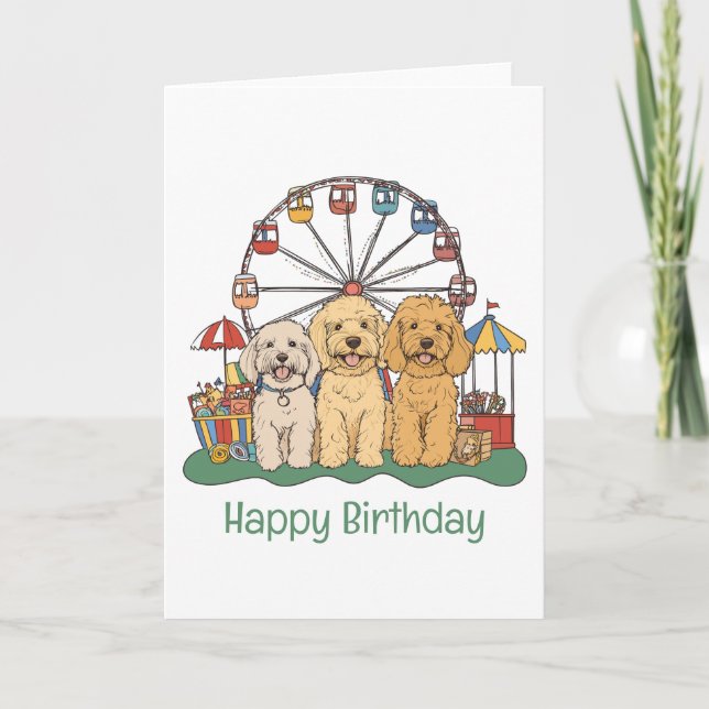 Happy Birthday Goldendoodle Hunde im Karneval Karte (Vorderseite)