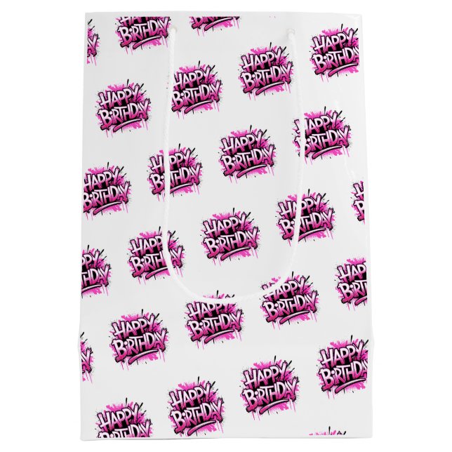 Happy Birthday Graffiti Pink & White Bag Mittlere Geschenktüte (Rückseite)