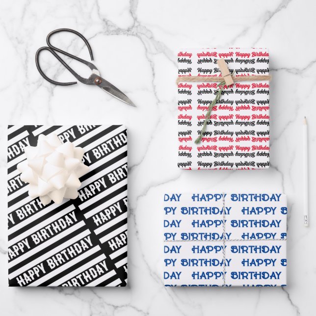 Happy Birthday Grafik Muster Geschenkpapier Set (Vorderseite)