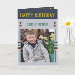 Happy Birthday Grandson best day photo name grey Karte<br><div class="desc">Grandson birthday card.
Add two photos,  name and message.
Designed in green,  yellow,  grey,  with stripes and dots.
Best kid ever.</div>
