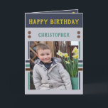 Happy Birthday Grandson best day photo name grey Karte<br><div class="desc">Grandson birthday card.
Add two photos,  name and message.
Designed in green,  yellow,  grey,  with stripes and dots.
Best kid ever.</div>
