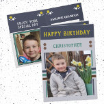 Happy Birthday Grandson best day photo name grey Karte<br><div class="desc">Grandson birthday card.
Add two photos,  name and message.
Designed in green,  yellow,  grey,  with stripes and dots.
Best kid ever.</div>