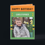 Happy Birthday Grandson besten Tag Foto Name grün Karte<br><div class="desc">Grußkarte für deinen Enkel. Fügen Sie zwei Fotos,  Name und Nachricht hinzu. In Grün,  Orange,  Gelb,  Streifen und Punkten. Das beste Kind aller Zeiten.</div>