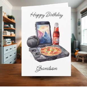 Happy Birthday Grandson Gaming und Pizza Karte
