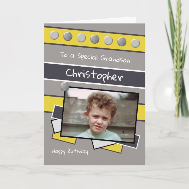 Happy Birthday Grandson, graues und gelbes Foto Karte (Vorderseite)