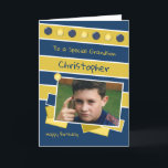 Happy Birthday Grandson Marine und Gold Foto Karte<br><div class="desc">Personalisieren Sie diese Geburtstagskarte für Ihren in der Marine und Gold designten Grandson Fügen Sie seinen Namen Happy Birthday zu einer besonderen Grandson Haben Sie einen schönen Tag</div>
