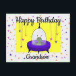 Happy Birthday, Grandson, Niedliche Raumfahrt-Alie Postkarte<br><div class="desc">Diese Geburtstagskarte für einen Enkel hat mein digitales zeichn eines lila Flugsaugers mit einer grünen Alien. Die Alien des Raumes ist auf einem Hintergrund von bunten Sternen mit hängenden Sternen auf beiden Seiten. Sie können den Text ändern, um diese Postkarte für jeden geeignet zu machen. Andere Geburtstagskarten sind in meiner...</div>