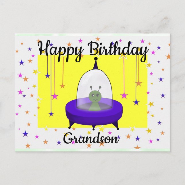 Happy Birthday, Grandson, Niedliche Raumfahrt-Alie Postkarte (Vorderseite)