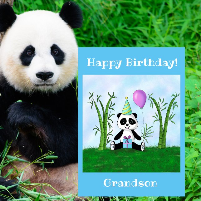 Happy Birthday Grandson Panda Party Karte (Make your grandchild's day unforgettable with this whimsical, personalized birthday card!)