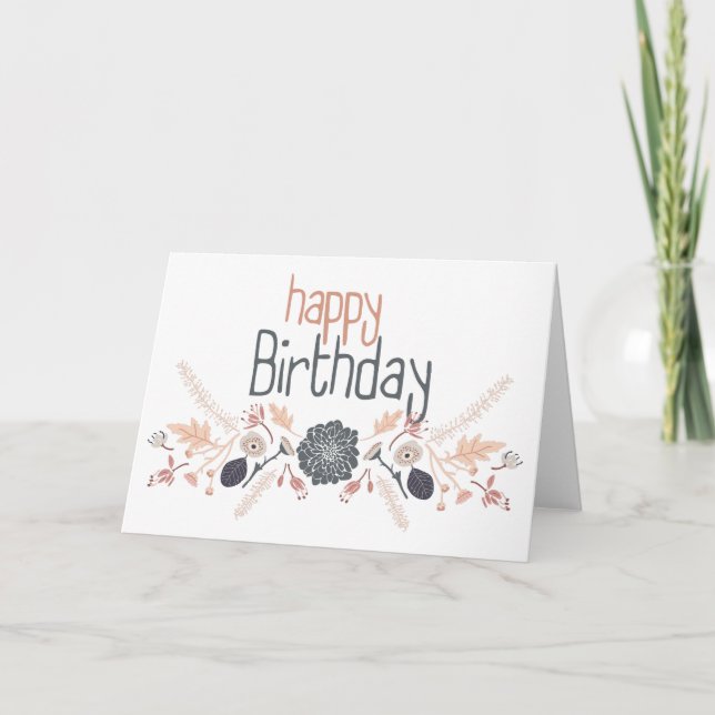 Happy Birthday Gray Blue Peach Floral Motif Karte (Vorderseite)