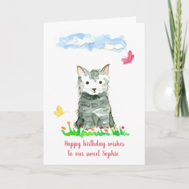 Happy Birthday Gray Kitten Individuelle Name Karte (Vorderseite)