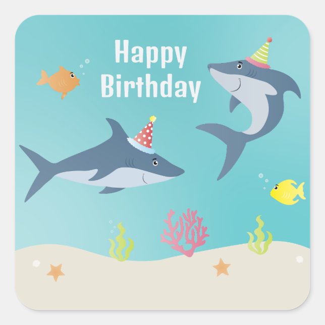 Happy Birthday Great White Shark Cartoon Quadratischer Aufkleber (Vorderseite)