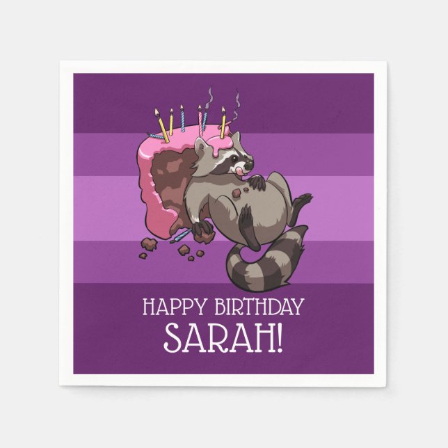 Happy Birthday Greedy Raccoon Cake Cartoon Serviette (Vorderseite)