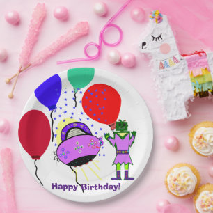 Happy Birthday Green Robot Pink Lila Raumschiff Pappteller