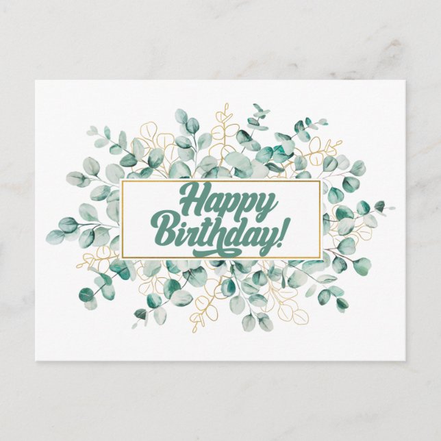 Happy Birthday Green und Golden Eucalyptus Blätter Postkarte (Vorderseite)