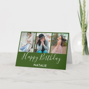 Happy Birthday Green und White 3 Foto Collage Karte