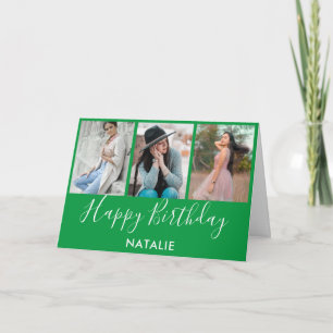 Happy Birthday Green und White 3 Foto Collage Karte