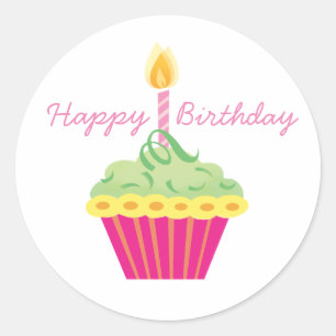 Happy Birthday Green Yellow and Pink Cupcake Runder Aufkleber