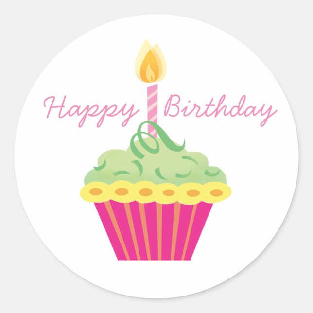 Happy Birthday Green Yellow and Pink Cupcake Runder Aufkleber (Vorderseite)