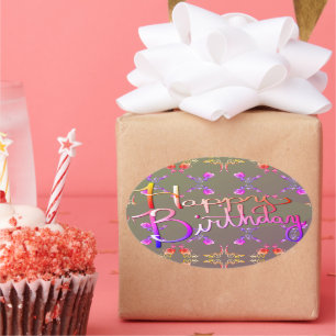 "Happy Birthday!" Handgeschriebene Rose Hört Grau Ovaler Aufkleber