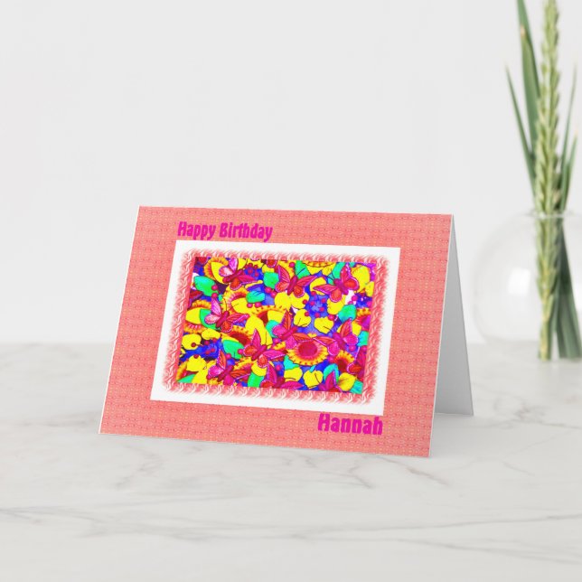Happy Birthday Hannah in Peachy Pink Karte (Vorderseite)