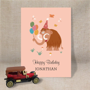 Happy Birthday Hat Cartoon Mammoth Balloons Card