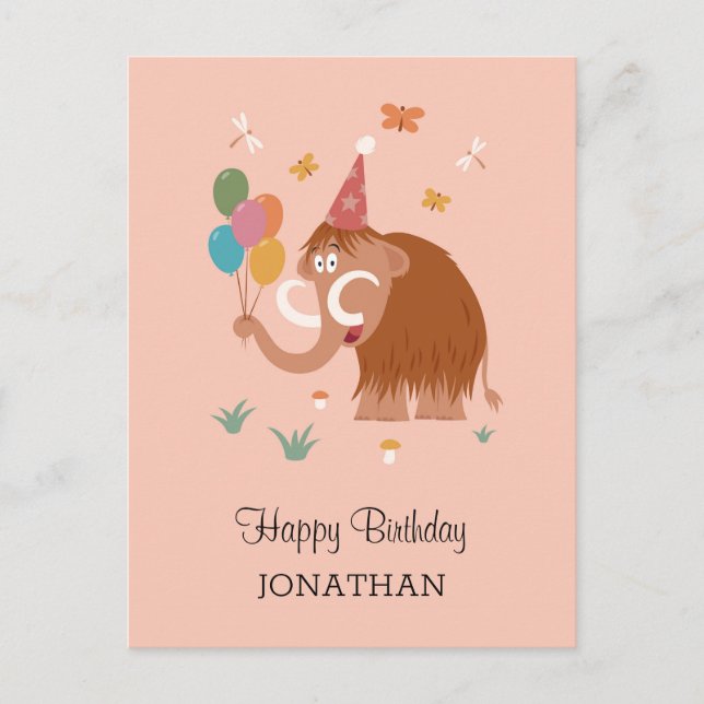 Happy Birthday Hat Cartoon Niedlich Mammoth Balloo Postkarte (Vorderseite)