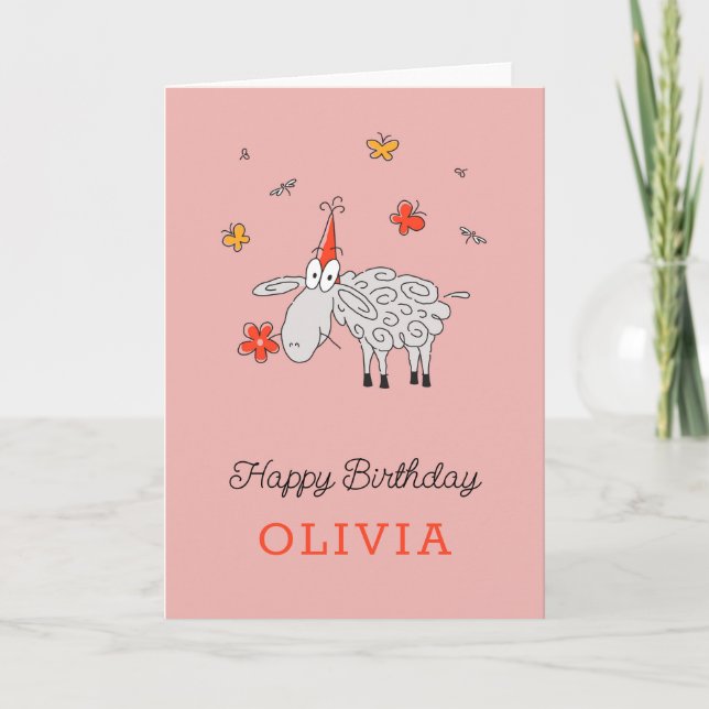 Happy Birthday Hat Niedlich Cartoon Sheep Blume Ca Karte (Vorderseite)