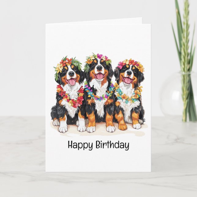 Happy Birthday Hawaiian Bernese Mountain Hunde Karte (Vorderseite)