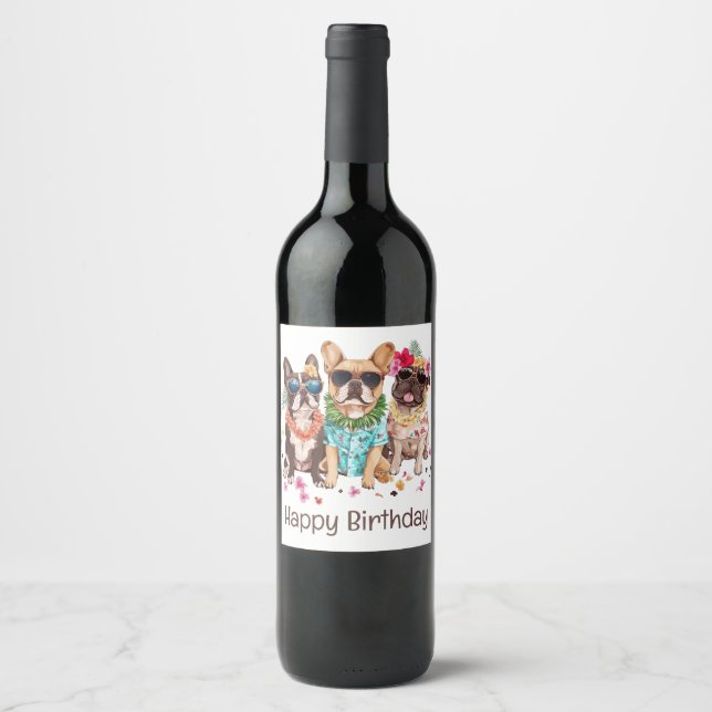 Happy Birthday Hawaiian French Bulldogs Flower Lei Weinetikett (Vorderseite)
