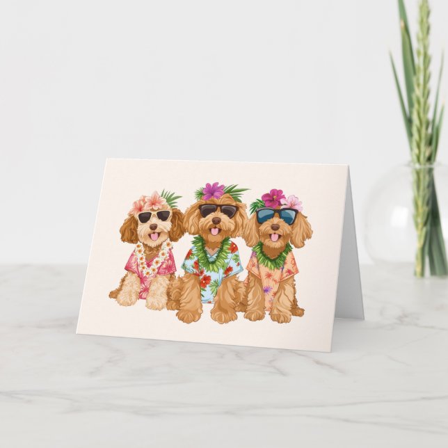 Happy Birthday Hawaiian Goldendoodle Hunde Karte (Vorderseite)