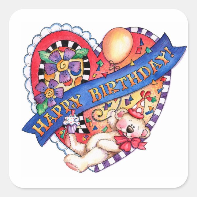 Happy Birthday Heart Quadratischer Aufkleber (Vorderseite)