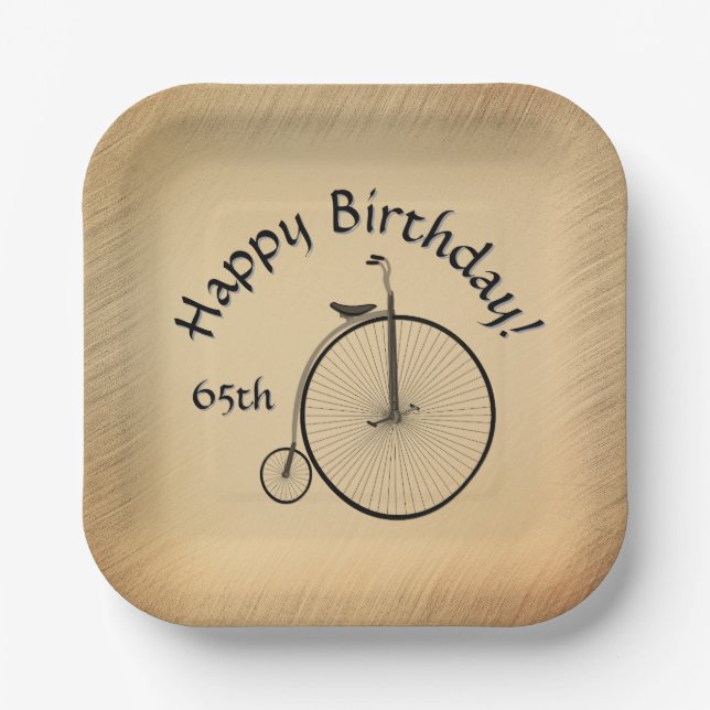 Happy Birthday High-Wheel Antique Bicycle Rustic  Pappteller (Vorderseite)